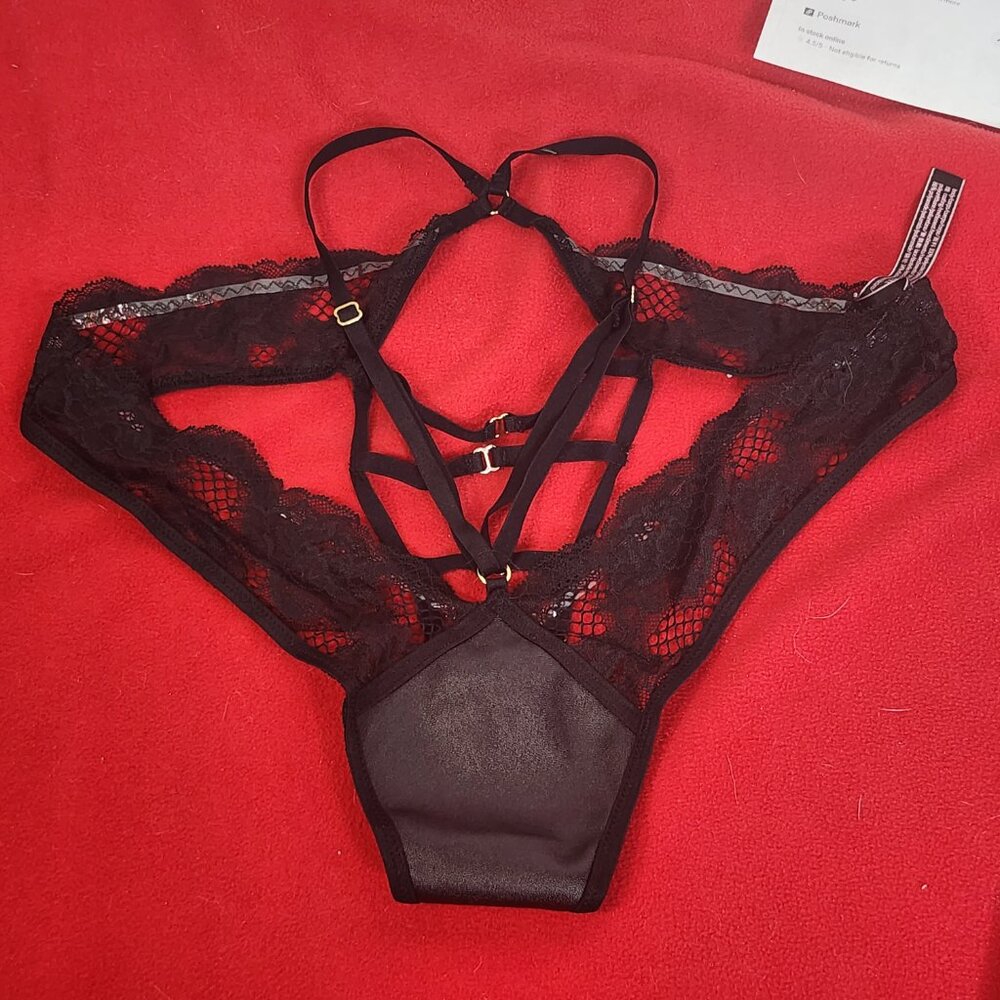 Victoria's Secret Black Faux Leather Lace Open Back Poly Elastane Brazil Panty M - Picture 2 of 16